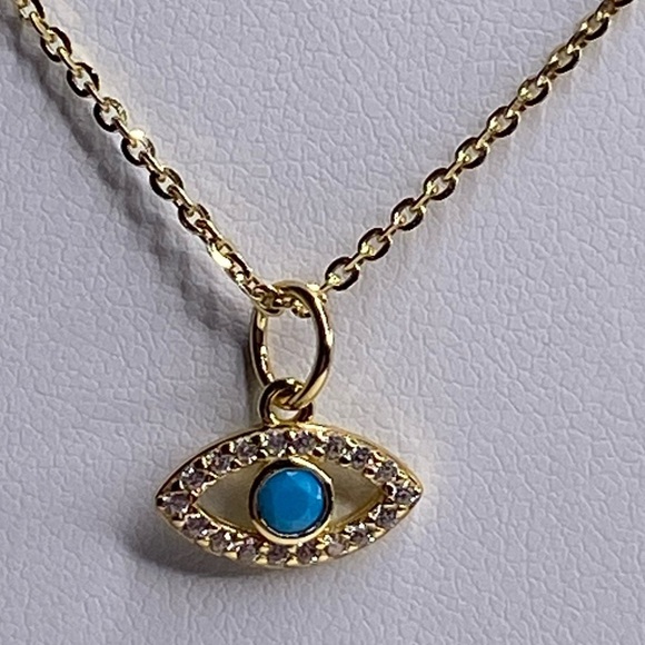 SOLD. STERLING SILVER/14KGP EVIL EYE NECKLACE ON GOLD DIAMOND CUT CHAIN - Picture 1 of 4